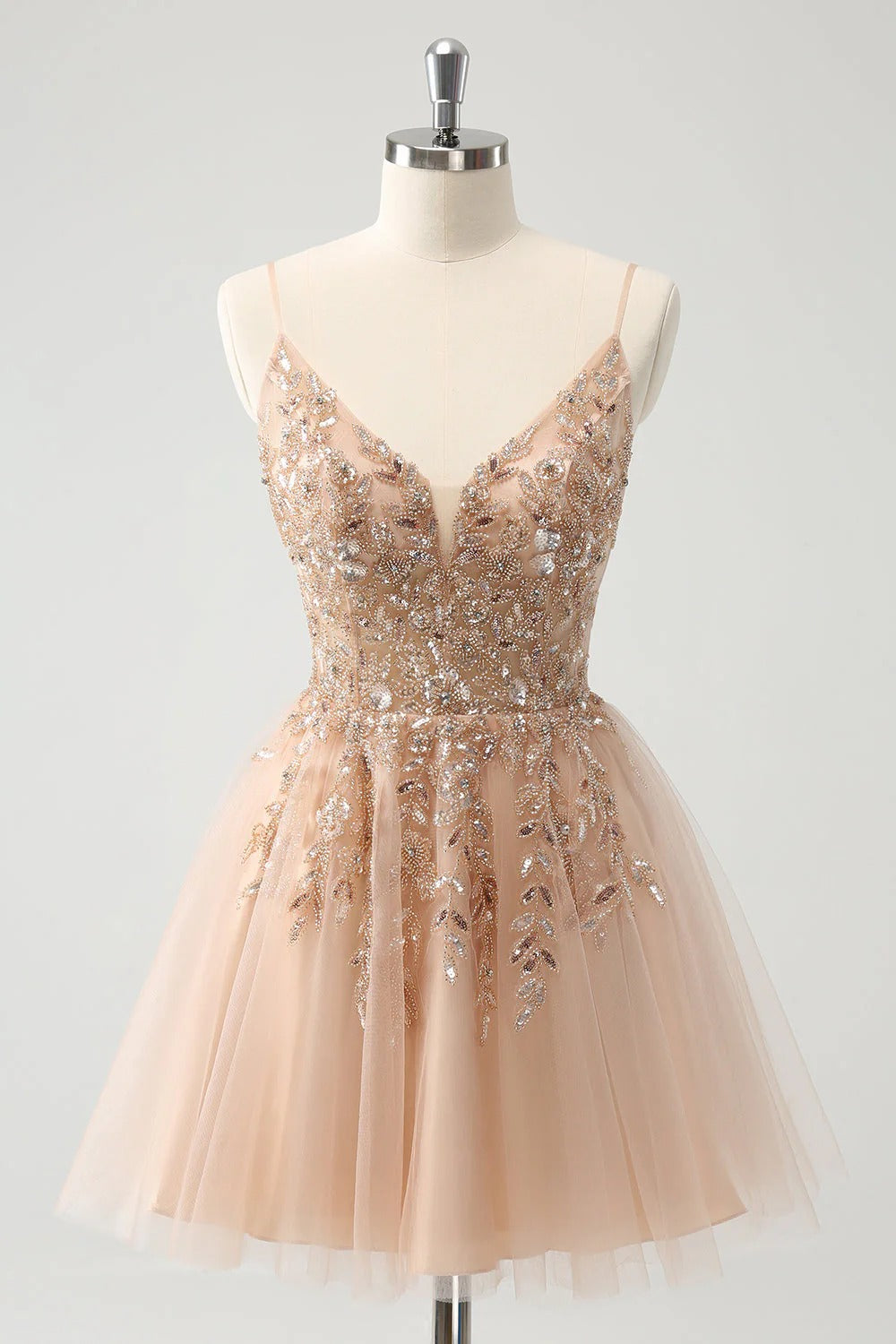 HEULORIA Blush A Line Spaghetti Straps Sequin Tulle Homecoming Dress with Beading ED-311