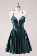 HEULORIA Peacock Green Shimmering Deep V-Neck Mini Dress: Illusion Mesh & Lace-Up Back A-Line Prom Gown ED-327