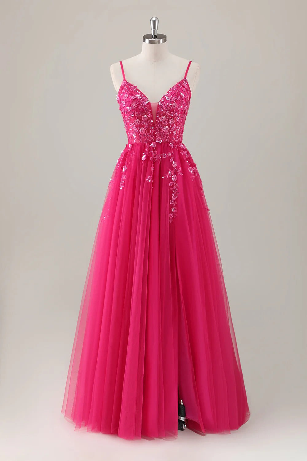HEULORIA Enchanting 3D Floral Applique V-Neck Tulle A-Line Prom Dress - Corset Back Formal Gown ED-341