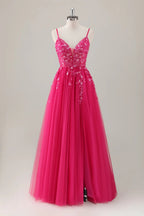 HEULORIA Enchanting 3D Floral Applique V-Neck Tulle A-Line Prom Dress - Corset Back Formal Gown ED-341