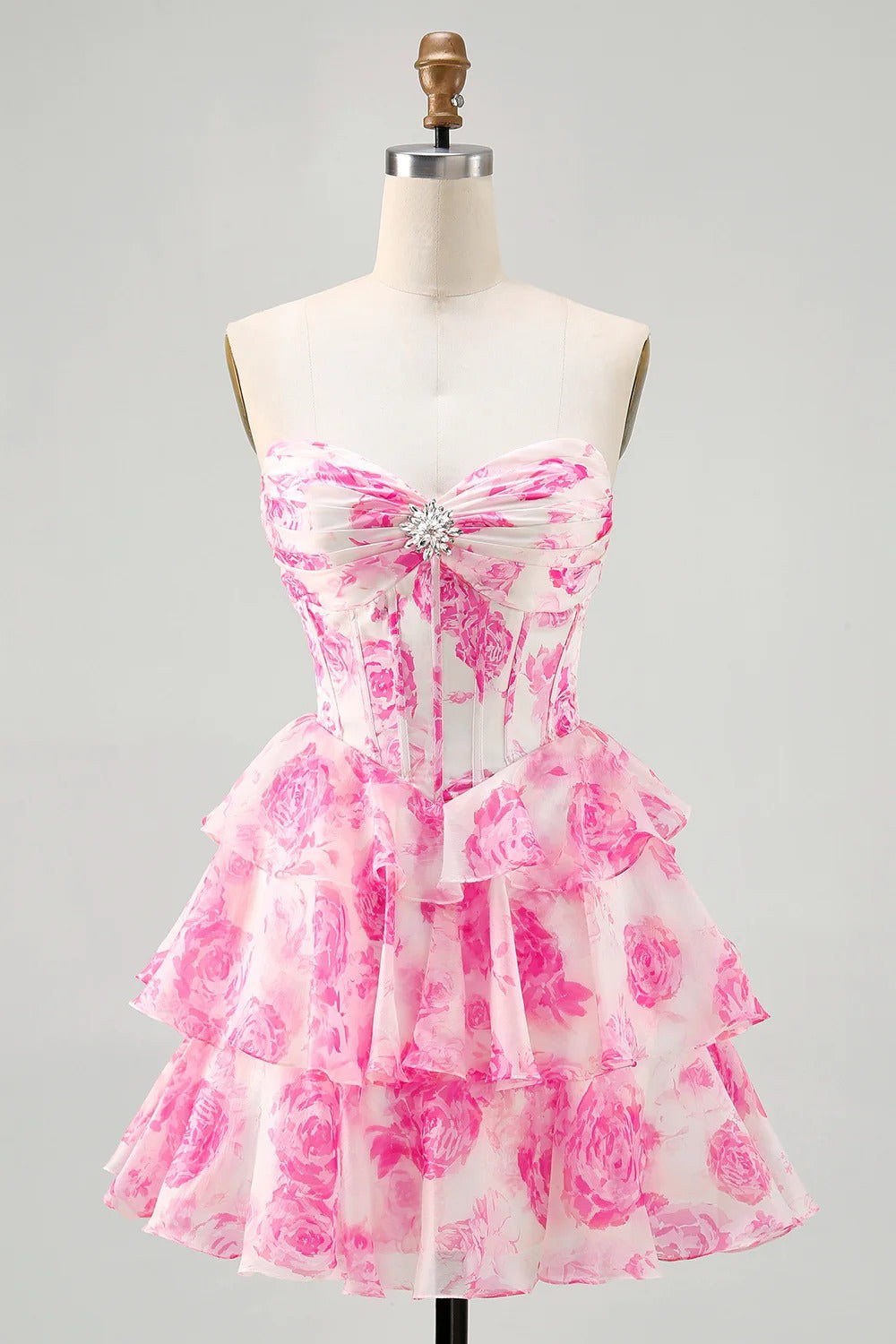 HEULORIA Enchanting Floral Print Strapless Tiered Ruffle Mini Dress - Corset Bodice with Crystal Brooch ED-291