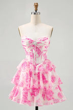 HEULORIA Enchanting Floral Print Strapless Tiered Ruffle Mini Dress - Corset Bodice with Crystal Brooch ED-291