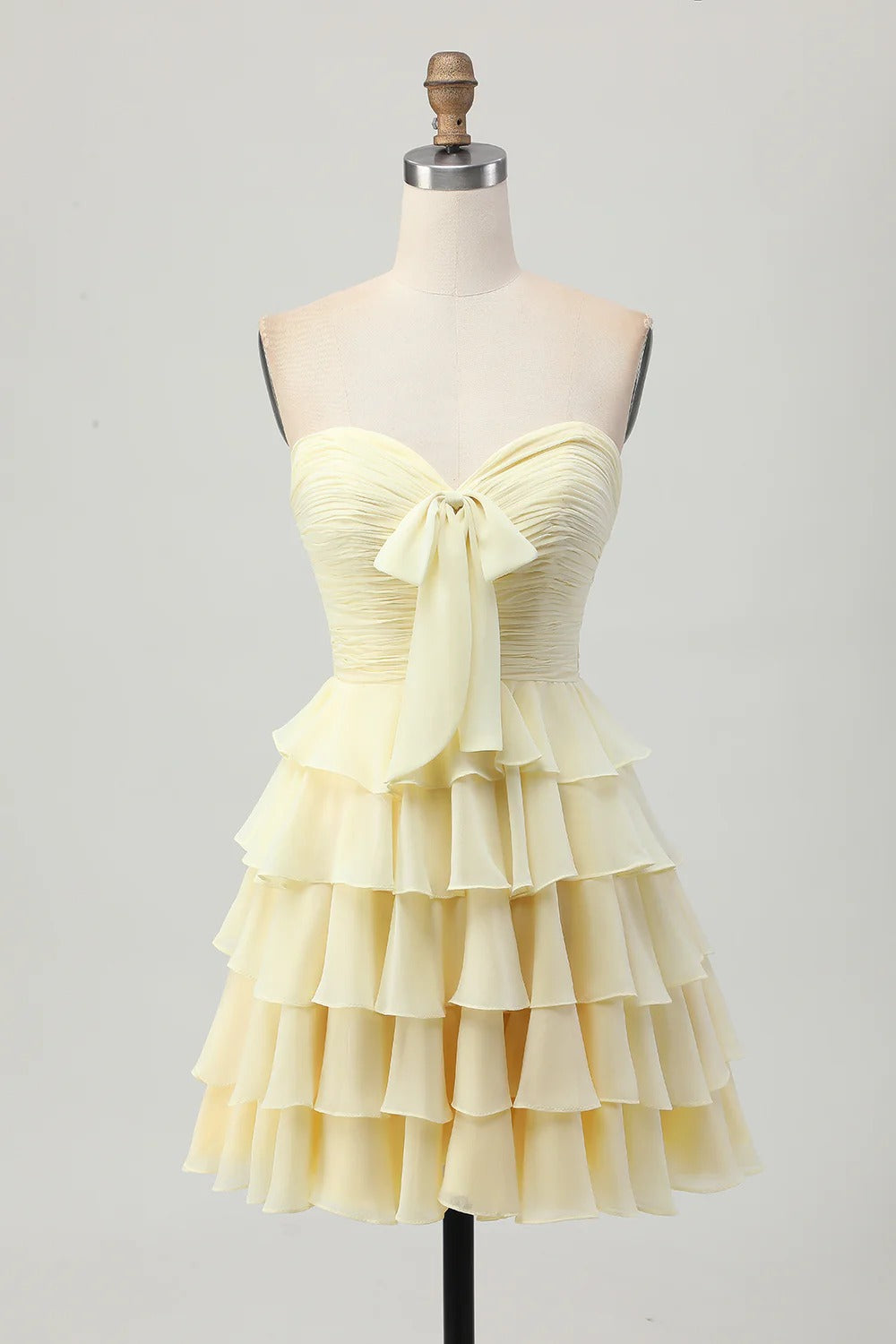 HEULORIA Light Yellow Strapless Tiered Ruched A Line Short Homecoming Dress ED-319