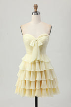 HEULORIA Light Yellow Strapless Tiered Ruched A Line Short Homecoming Dress ED-319