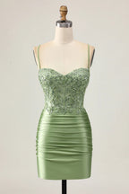 HEULORIA Sage Green Sequin Lace Corset Homecoming Dress - Ruched Satin Spaghetti Strap Mini Gown ED-304