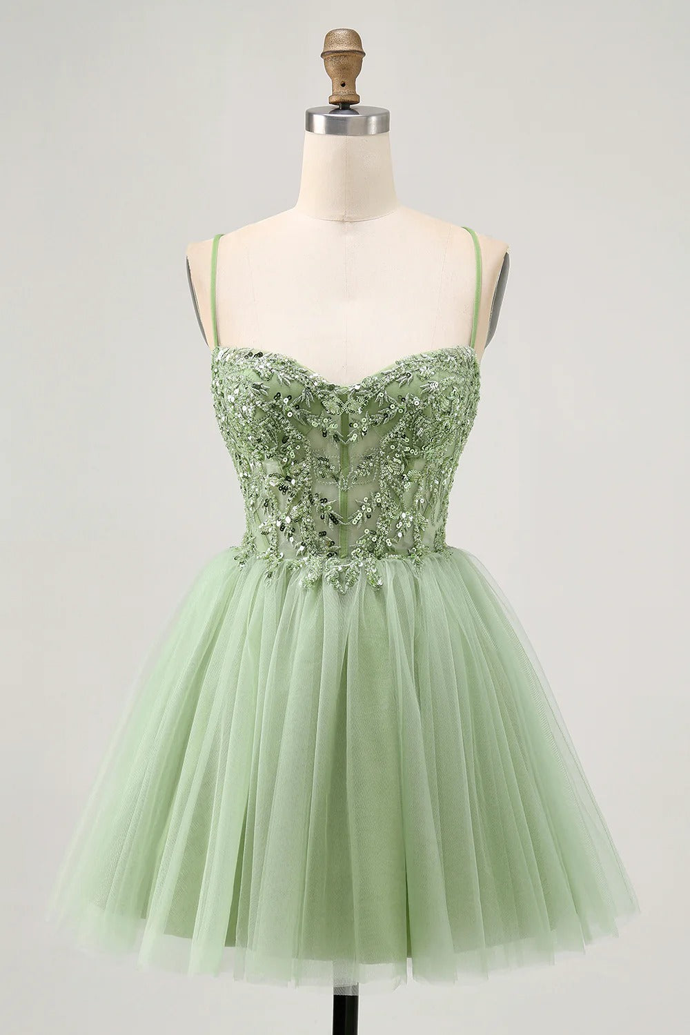 Short Sage Green Homecoming Dress | Sparkly Tulle Cocktail Gown Green / 16 Short Sage Green Homecoming Dress | Sparkly Tulle Cocktail Gown Green / 16