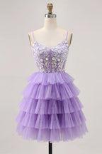 HEULORIA Lavender Tiered Tulle Mini Dress - Sequin Lace Appliqué V-Neck Cocktail Gown ED-294