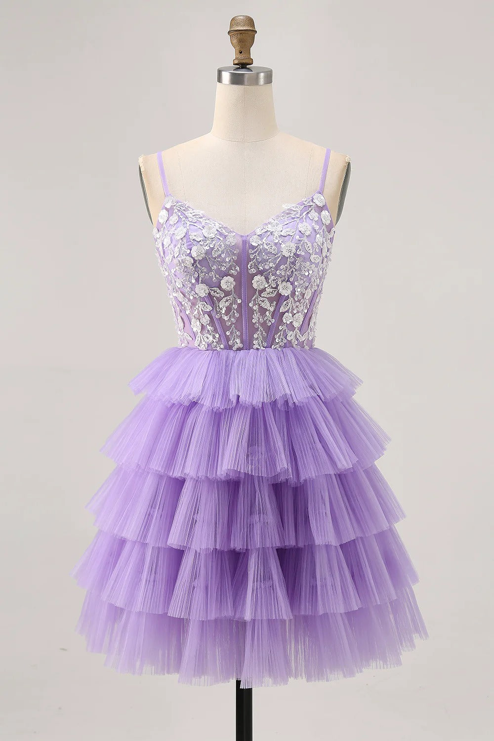 HEULORIA Lavender Tiered Tulle Mini Dress - Sequin Lace Appliqué V-Neck Cocktail Gown ED-294