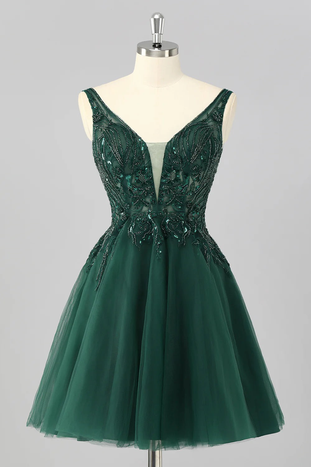 Short Dark Green Sequin Homecoming Dress | V-Neck Tulle Cocktail Gown Dark Green / 18W Short Dark Green Sequin Homecoming Dress | V-Neck Tulle Cocktail Gown Dark Green / 18W