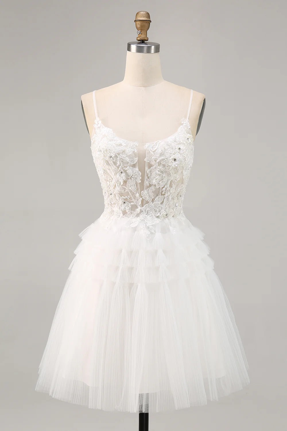 HEULORIA Enchanting Tiered Tulle Short evening Dress - Floral Lace Appliqué & Plunging V-Neck with Spaghetti Straps homecoming dress ED-290