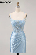 HEULORIA Light Blue Lace Corset Satin Mini Dress with Lace-Up Back ED-296
