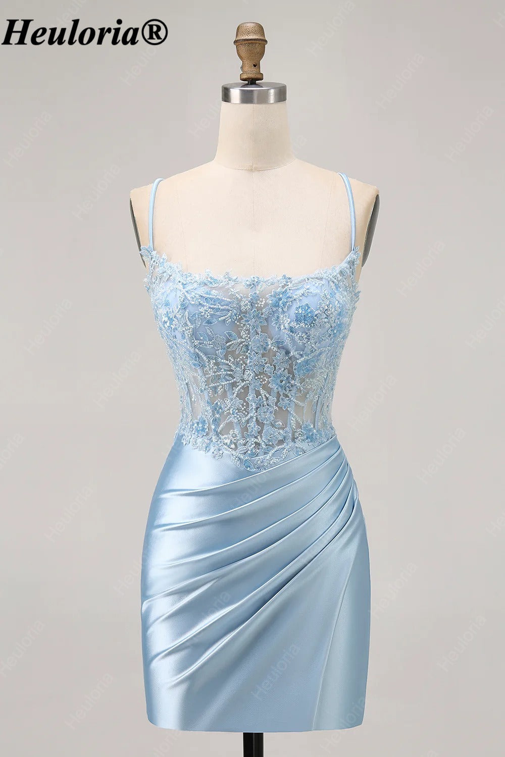 HEULORIA Light Blue Lace Corset Satin Mini Dress with Lace-Up Back ED-296