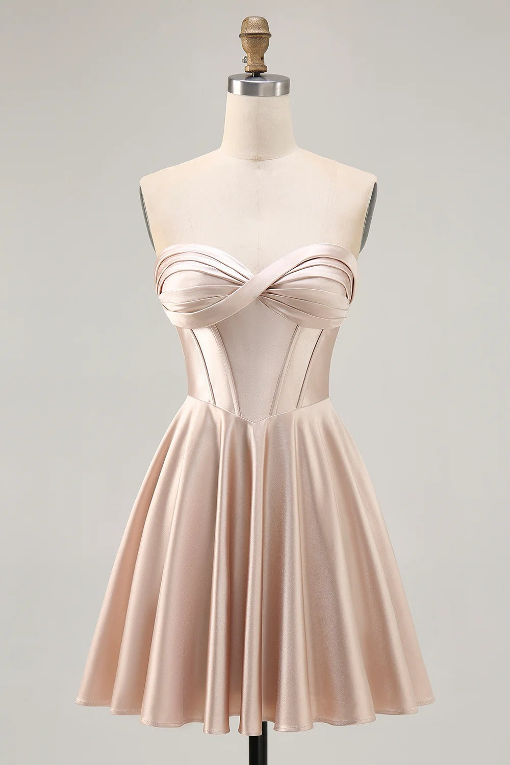 HEULORIA Champagne Satin Strapless Short Prom Dress - Twisted Sweetheart & Corset Back ED-329