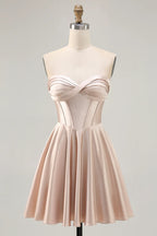 HEULORIA Champagne Satin Strapless Short Prom Dress - Twisted Sweetheart & Corset Back ED-329