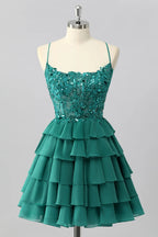 HEULORIA Dark Green Lace Tiered Homecoming Dress - Sequined Bodice with Spaghetti Straps ED-298