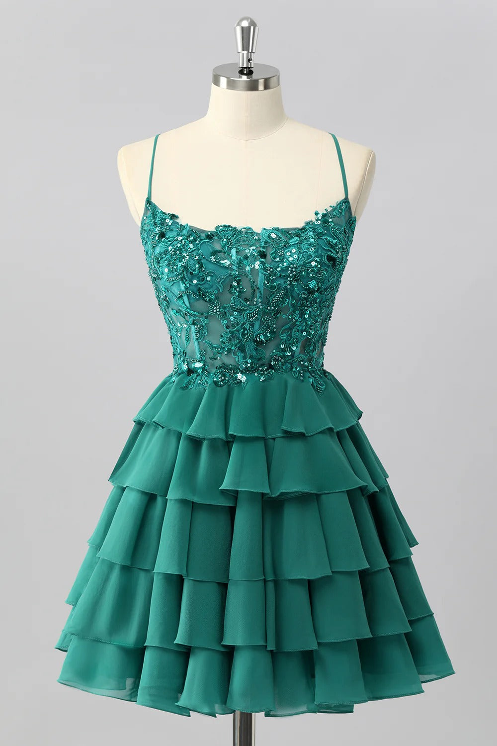 HEULORIA Dark Green Lace Tiered Homecoming Dress - Sequined Bodice with Spaghetti Straps ED-298
