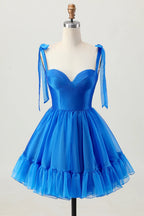 HEULORIA Royal Blue Sweetheart Tie-Strap Short Homecoming Dress - Ruffled Corset Back Cocktail Gown ED-295