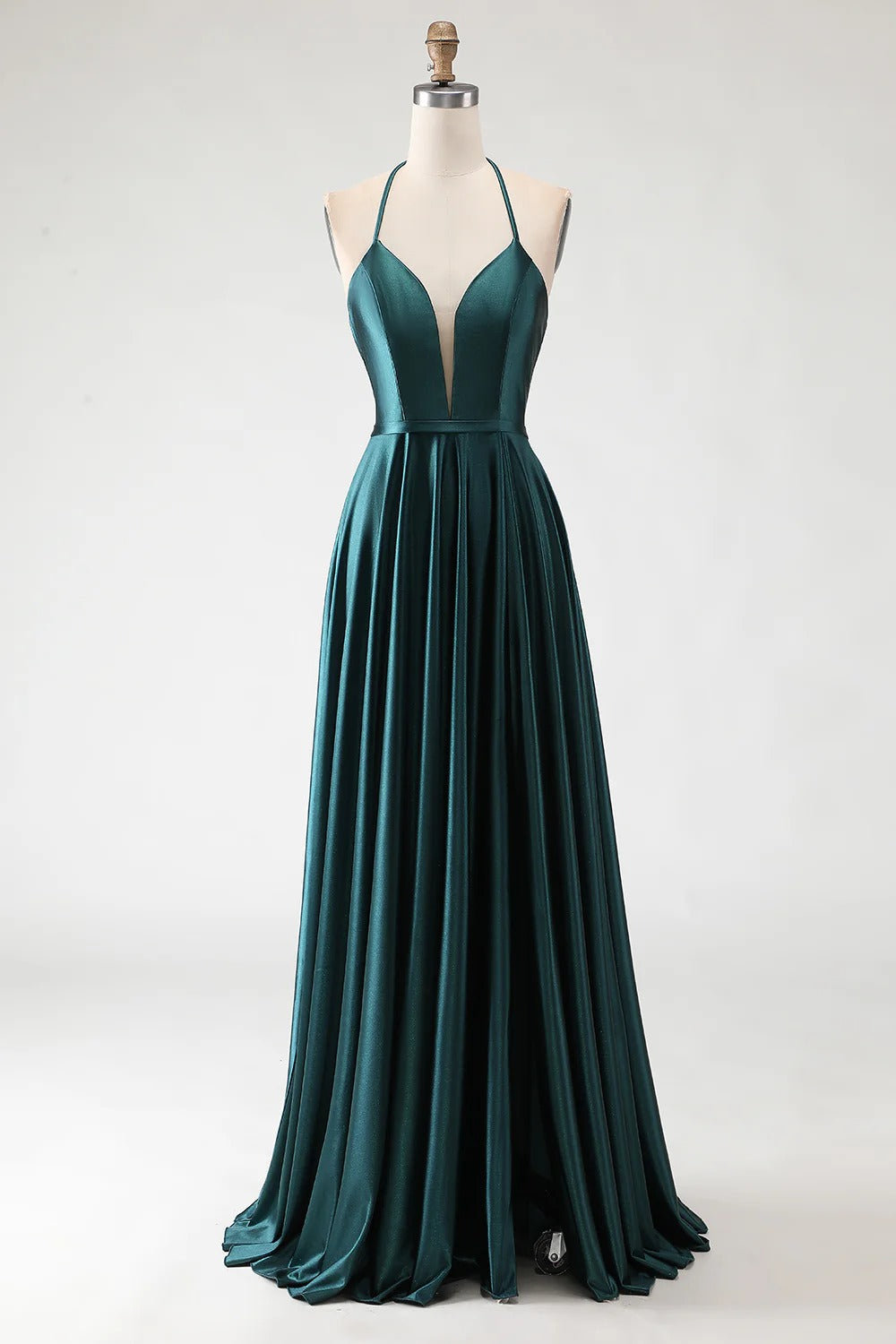 Dark Green Plunging V-Neck Satin Prom Dress | Lace-Up Back Gown Black / 2 Dark Green Plunging V-Neck Satin Prom Dress | Lace-Up Back Gown Black / 2