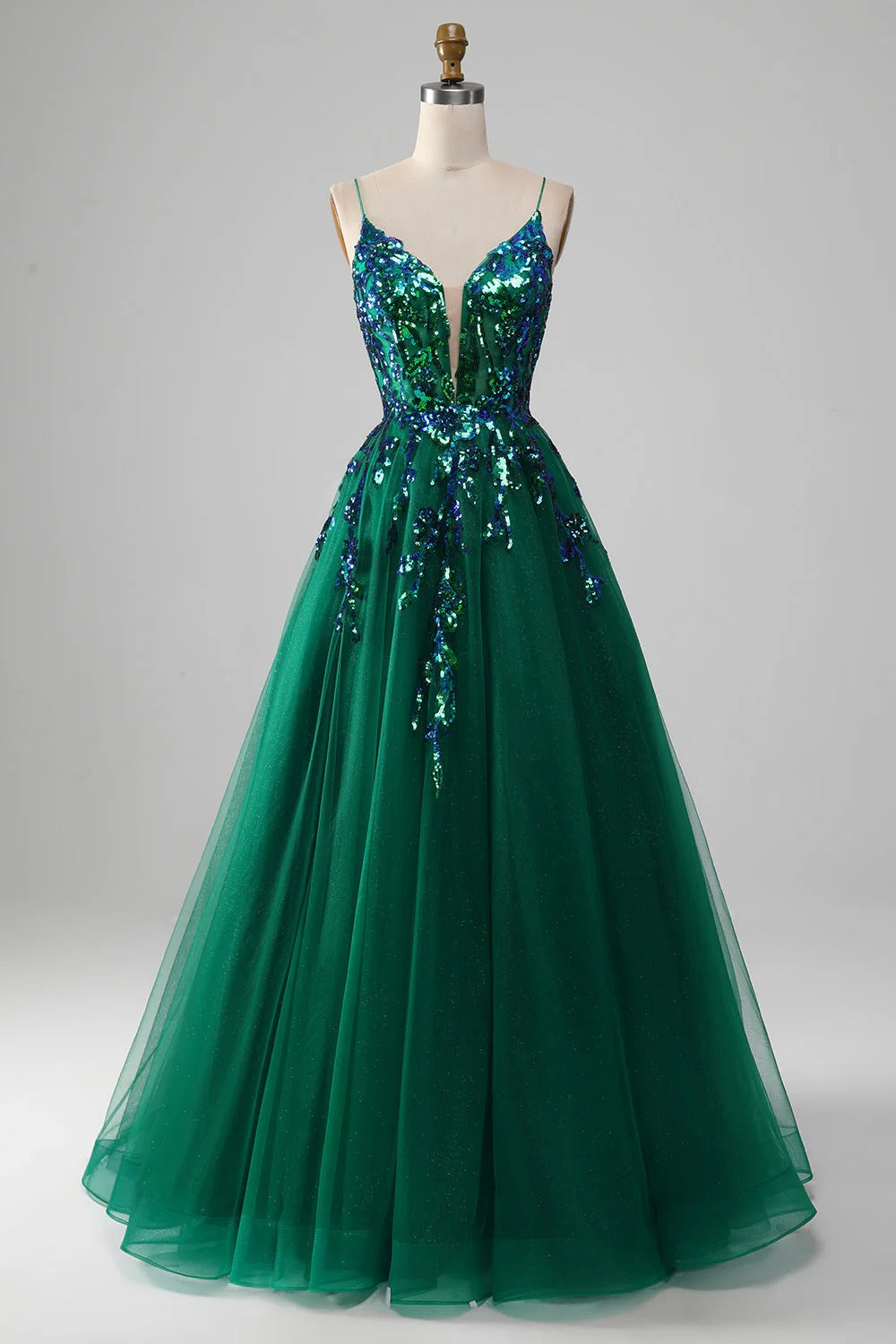 HEULORIA Dark Green Sequin V-Neck Prom Dress: Spaghetti Strap Lace-Up A-Line Formal Gown ED-340