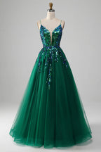 HEULORIA Dark Green Sequin V-Neck Prom Dress: Spaghetti Strap Lace-Up A-Line Formal Gown ED-340