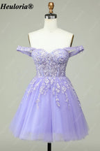 HEULORIA Lavender Off-Shoulder Lace Corset Short Prom Dress ED-282