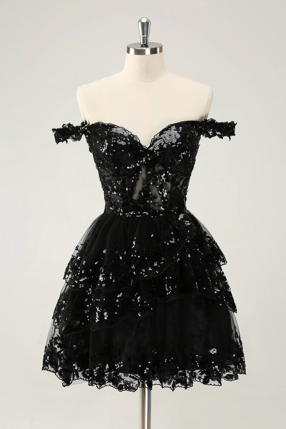 HEULORIA Champagne Off-the-Shoulder Sequin Tiered Mini Dress - Corset Bodice Party & Homecoming Dress ED-277