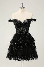 HEULORIA Champagne Off-the-Shoulder Sequin Tiered Mini Dress - Corset Bodice Party & Homecoming Dress ED-277