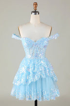 HEULORIA Champagne Off-the-Shoulder Sequin Tiered Mini Dress - Corset Bodice Party & Homecoming Dress ED-277