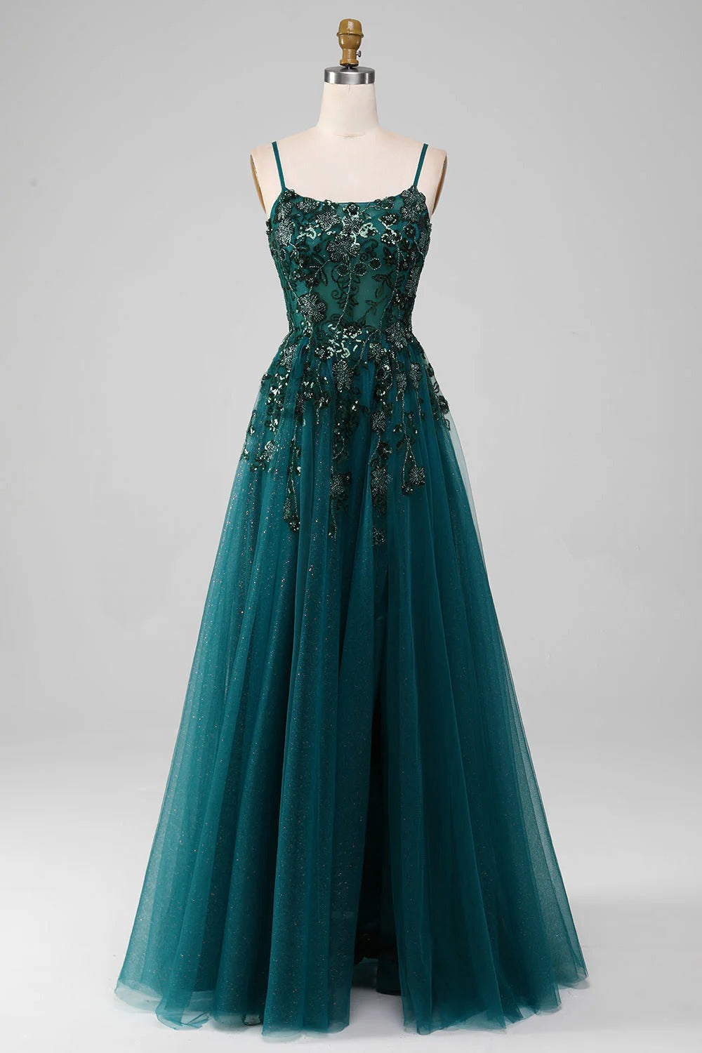 Dark Green Sequin Floral Prom Dress with Spaghetti Straps Dark Green / 16W Dark Green Sequin Floral Prom Dress with Spaghetti Straps Dark Green / 16W