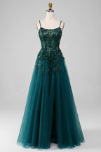 HEULORIA Elegant Dark Green Sequin Floral Prom Dress - Spaghetti Straps & Glitter Tulle A-Line Gown ED-339