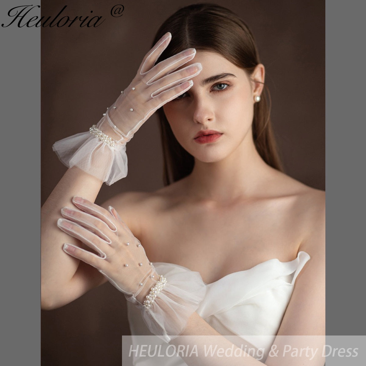 Fingertips Classic Length Tulle Bridal Gloves with pearls GL-02