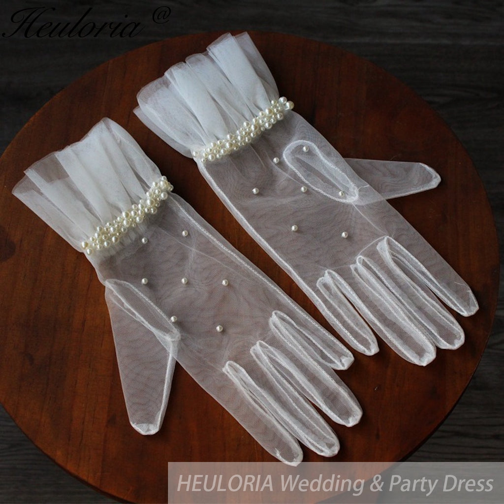 Fingertips Classic Length Tulle Bridal Gloves with pearls GL-02