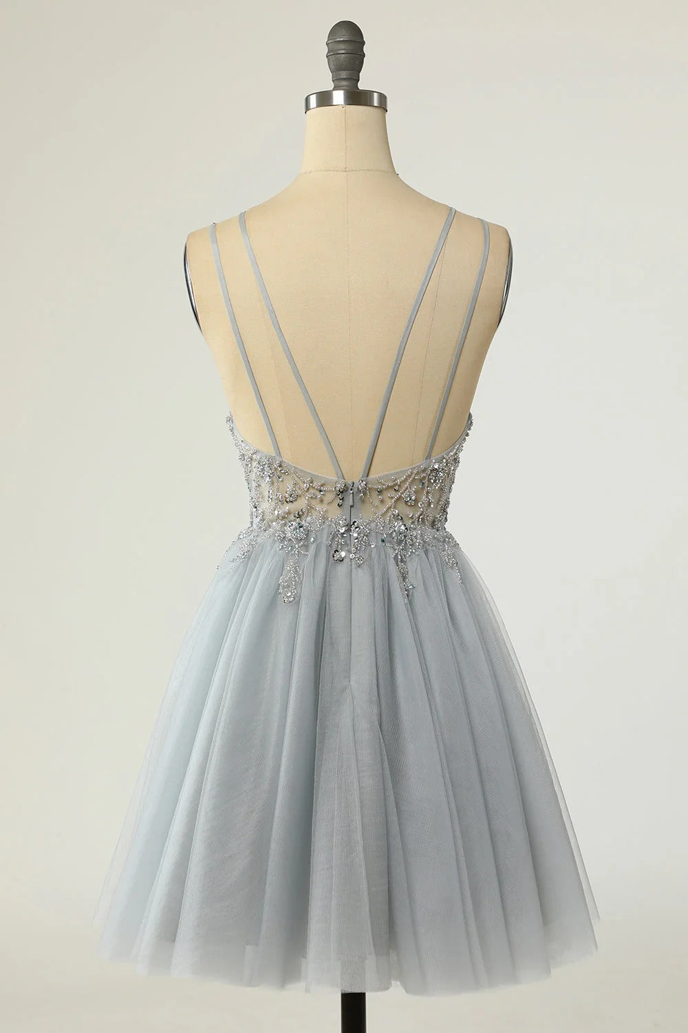 HEULORIA Sparkly Silver-Grey Beaded Tulle Short Prom Dress - Illusion Deep V-Neck & Double Spaghetti Straps ED-305