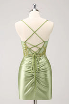 HEULORIA Sparkling Army Green Lace Corset Mini Dress - Ruched Satin Spaghetti Strap Cocktail Party Gown ED-322