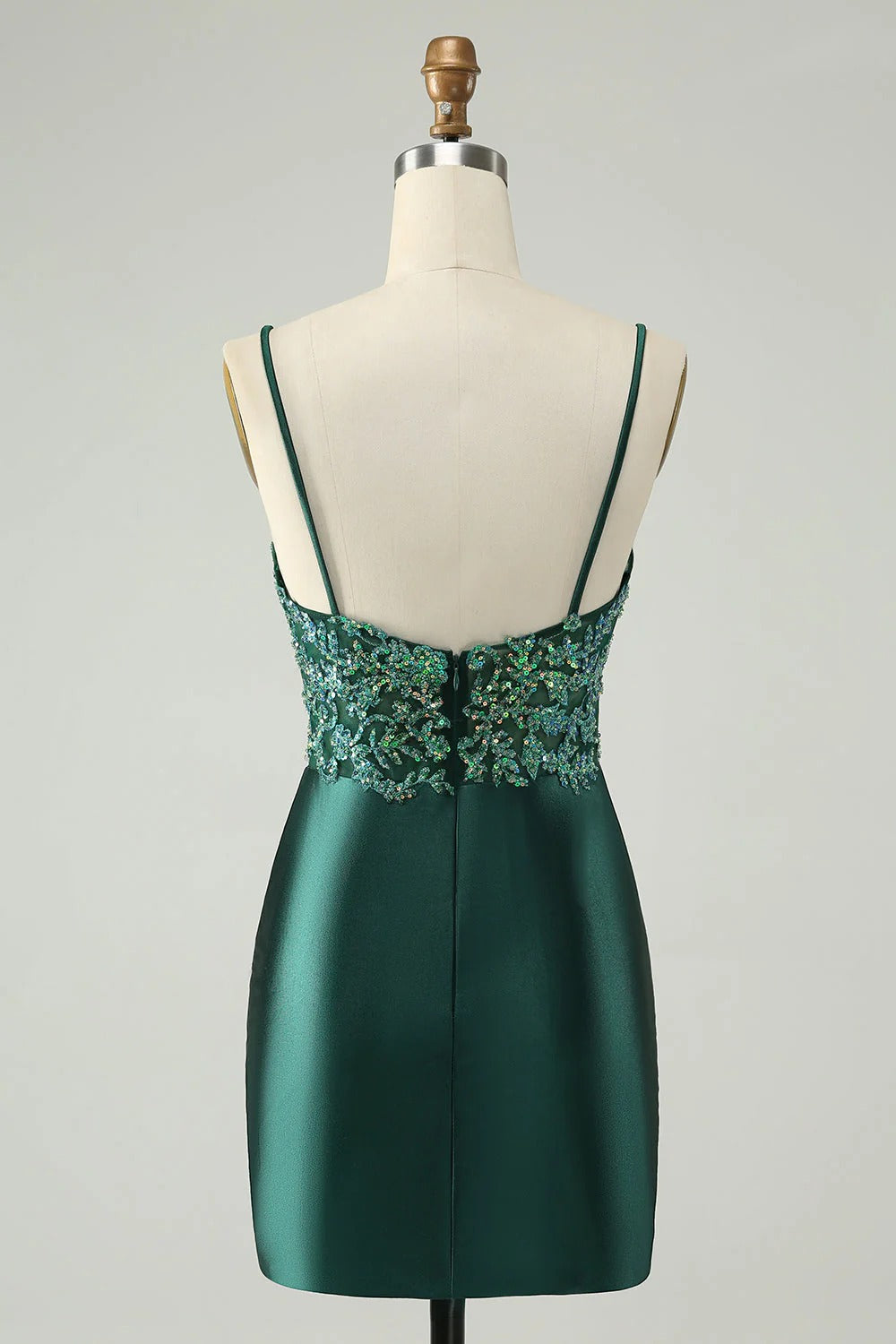 HEULORIA Emerald Green Sequin Lace Bodice Satin Mini Dress - V-Neck Spaghetti Strap Cocktail Party Gown ED-289