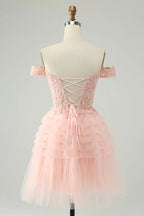 HEULORIA Blush A Line Off The Shoulder Corset Short Tulle Homecoming Dress ED-326