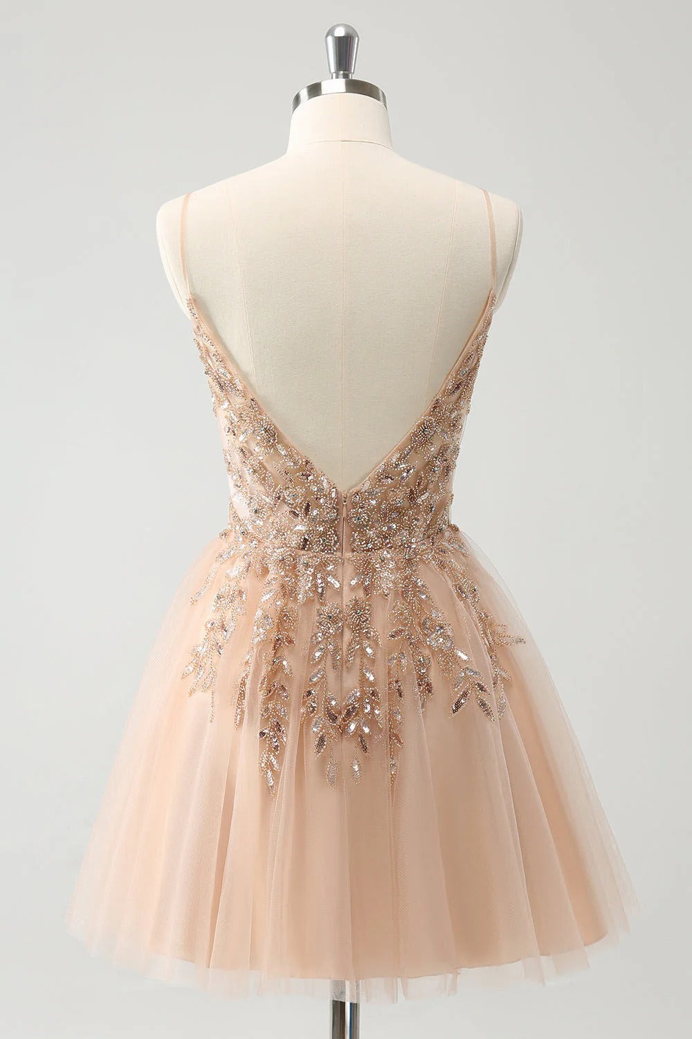 HEULORIA Blush A Line Spaghetti Straps Sequin Tulle Homecoming Dress with Beading ED-311