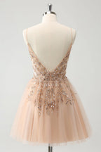 HEULORIA Blush A Line Spaghetti Straps Sequin Tulle Homecoming Dress with Beading ED-311