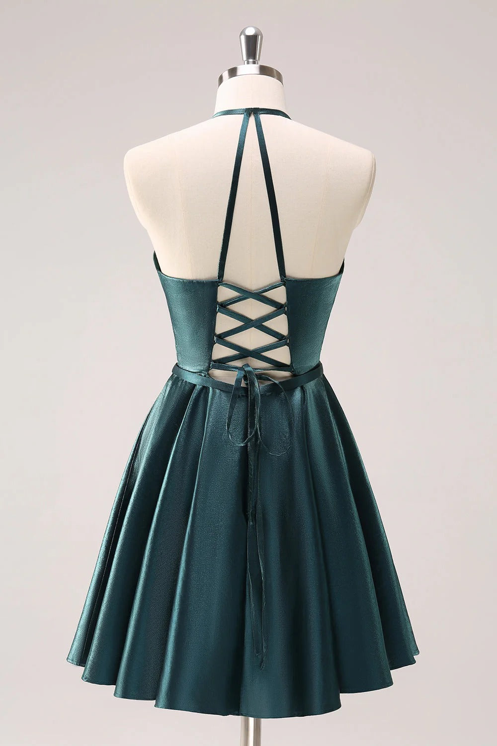 HEULORIA Peacock Green Shimmering Deep V-Neck Mini Dress: Illusion Mesh & Lace-Up Back A-Line Prom Gown ED-327