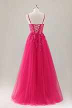 HEULORIA Enchanting 3D Floral Applique V-Neck Tulle A-Line Prom Dress - Corset Back Formal Gown ED-341
