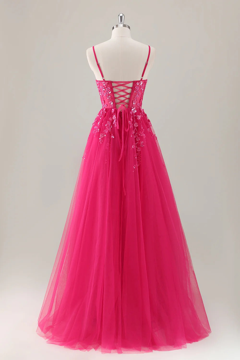 HEULORIA Enchanting 3D Floral Applique V-Neck Tulle A-Line Prom Dress - Corset Back Formal Gown ED-341