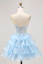 HEULORIA Sparkling Light Blue Strapless Sweetheart Corset Tiered Ruffle Mini Dress - Homecoming & Cocktail Party ED-316