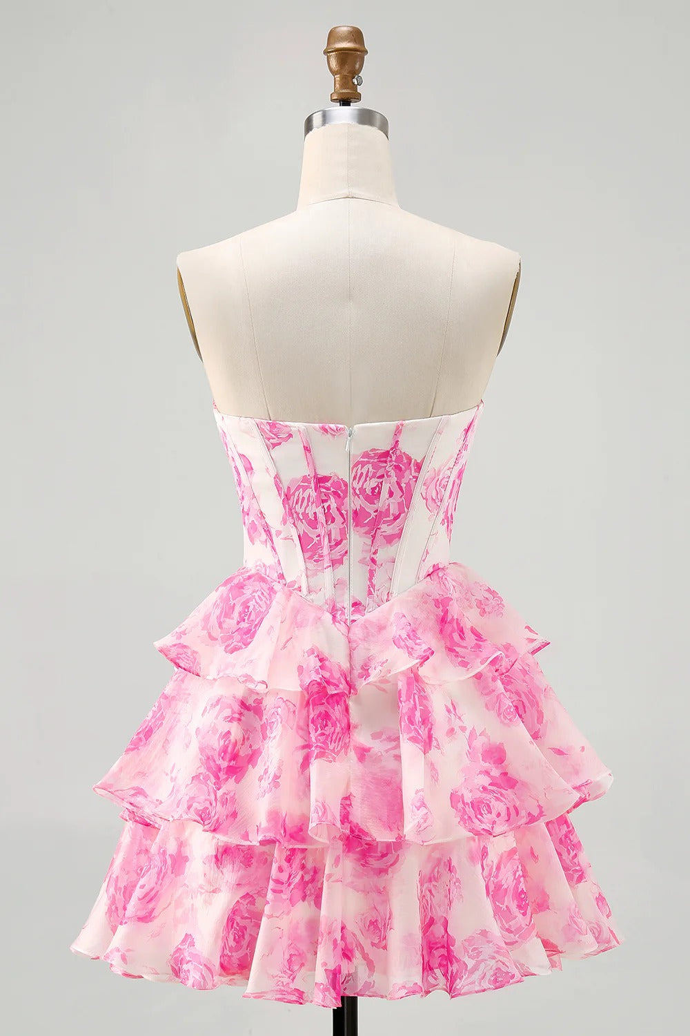 HEULORIA Enchanting Floral Print Strapless Tiered Ruffle Mini Dress - Corset Bodice with Crystal Brooch ED-291