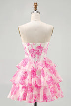 HEULORIA Enchanting Floral Print Strapless Tiered Ruffle Mini Dress - Corset Bodice with Crystal Brooch ED-291