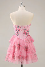 HEULORIA Strapless Sweetheart Floral Corset Mini Dress with Tiered Ruffle Skirt ED-280