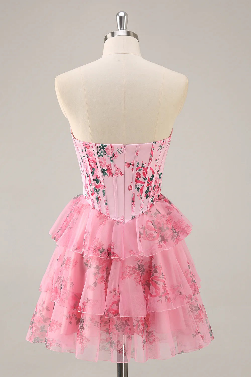HEULORIA Strapless Sweetheart Floral Corset Mini Dress with Tiered Ruffle Skirt ED-280