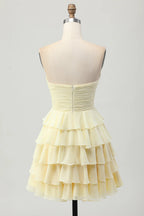 HEULORIA Light Yellow Strapless Tiered Ruched A Line Short Homecoming Dress ED-319