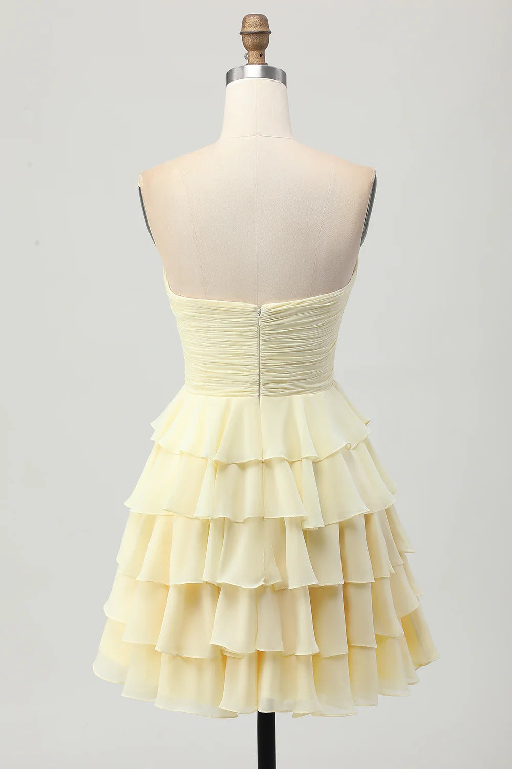 HEULORIA Light Yellow Strapless Tiered Ruched A Line Short Homecoming Dress ED-319