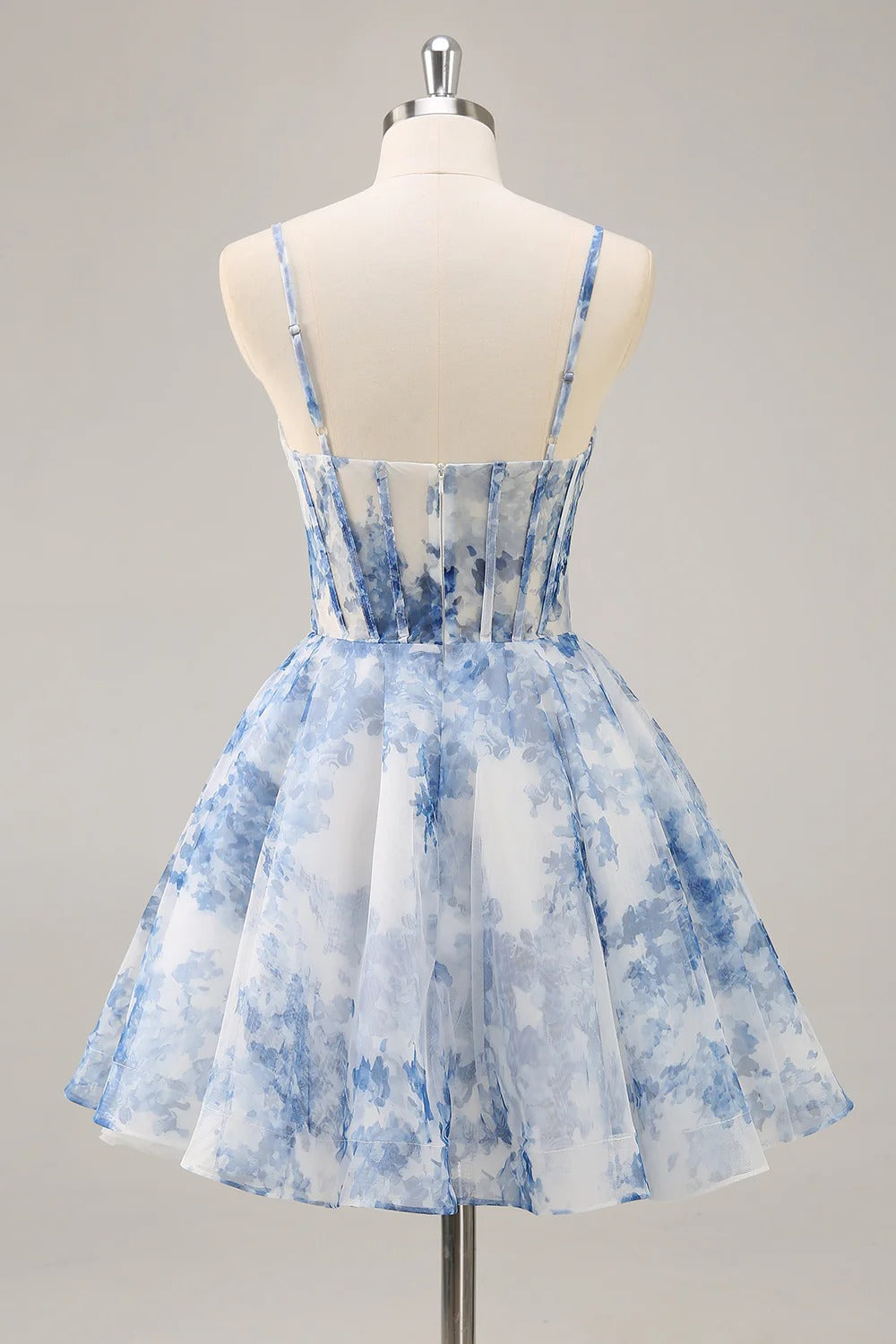 HEULORIA Blue Watercolor Floral Corset Mini Dress with Pleated Neckline & Spaghetti Straps Homecoming DressED-292