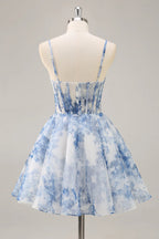 HEULORIA Blue Watercolor Floral Corset Mini Dress with Pleated Neckline & Spaghetti Straps Homecoming DressED-292